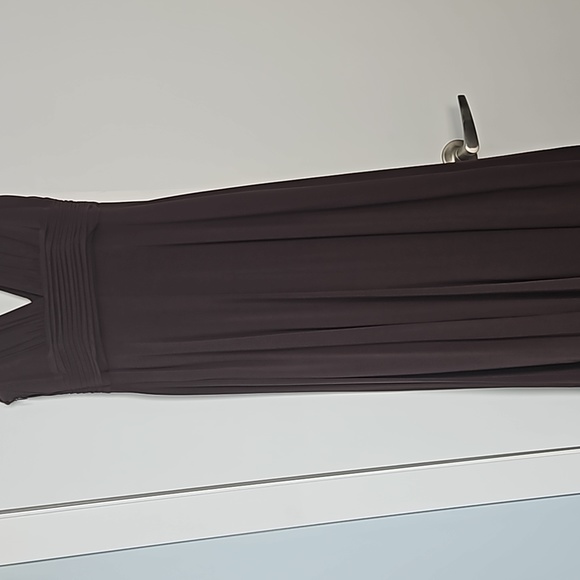 BCBG XS Long V Neck Chocolate Dress with Gold Brooch - Picture 3 of 4